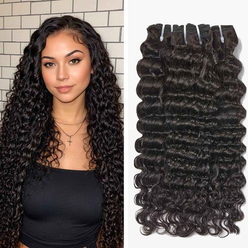 Wequeen 16A Deep Wave Human Hair Bundles 16 18 20 Inch 100% Unprocessed Brazilian Virgin Hair Quick Weave Bundles Human Hair Extensions Real Human Hair, Natural Black
