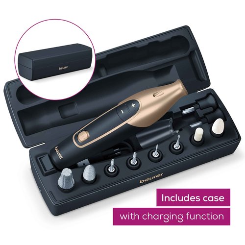 Beurer MP84BLK Nail Pro Deluxe - 14-Piece Professional Manicure & Pedicure Nail Drill Kit, Cordless, Rechargeable Electric Nail File with Attachments, LED Light, USB-c Charging & Storage Case