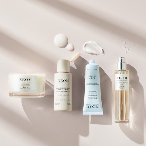NEOM- Wellbeing Discovery Collection | Perfect Night's Sleep Pillow Mist, Happiness Travel Candle, Real Luxury Magnesium Body Butter & Super Shower Power Cleanser | Gift Set