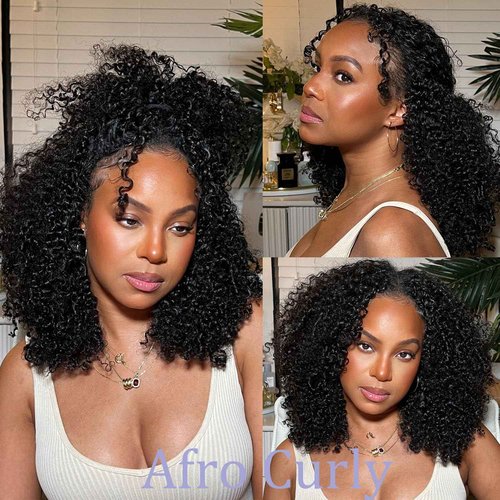 OQ Hair V Part Wig Human Hair Afro Curly Upgrade U Part With Adjustable Drawstring 180% Density V Shape Clip In Half Wig For Women Natural Color 18 Inch