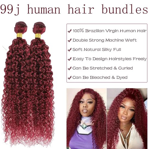 Fabimiya Human Hair Bundles Burgundy 99J Jerry Curly 22 24 26 Inch Bundles Human Hair 100% Unprocessed Burgundy Soft Sewn In Hair with Double Weft for Black Women