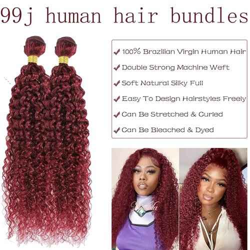 Fabimiya Bundles Human Hair Jerry Curly Burgundy 99J Human Hair Bundles Unprocessed Brazilian Virgin Hair Bundles Burgundy 99J Human Hair Bundles Quick Weave Hair Extension
