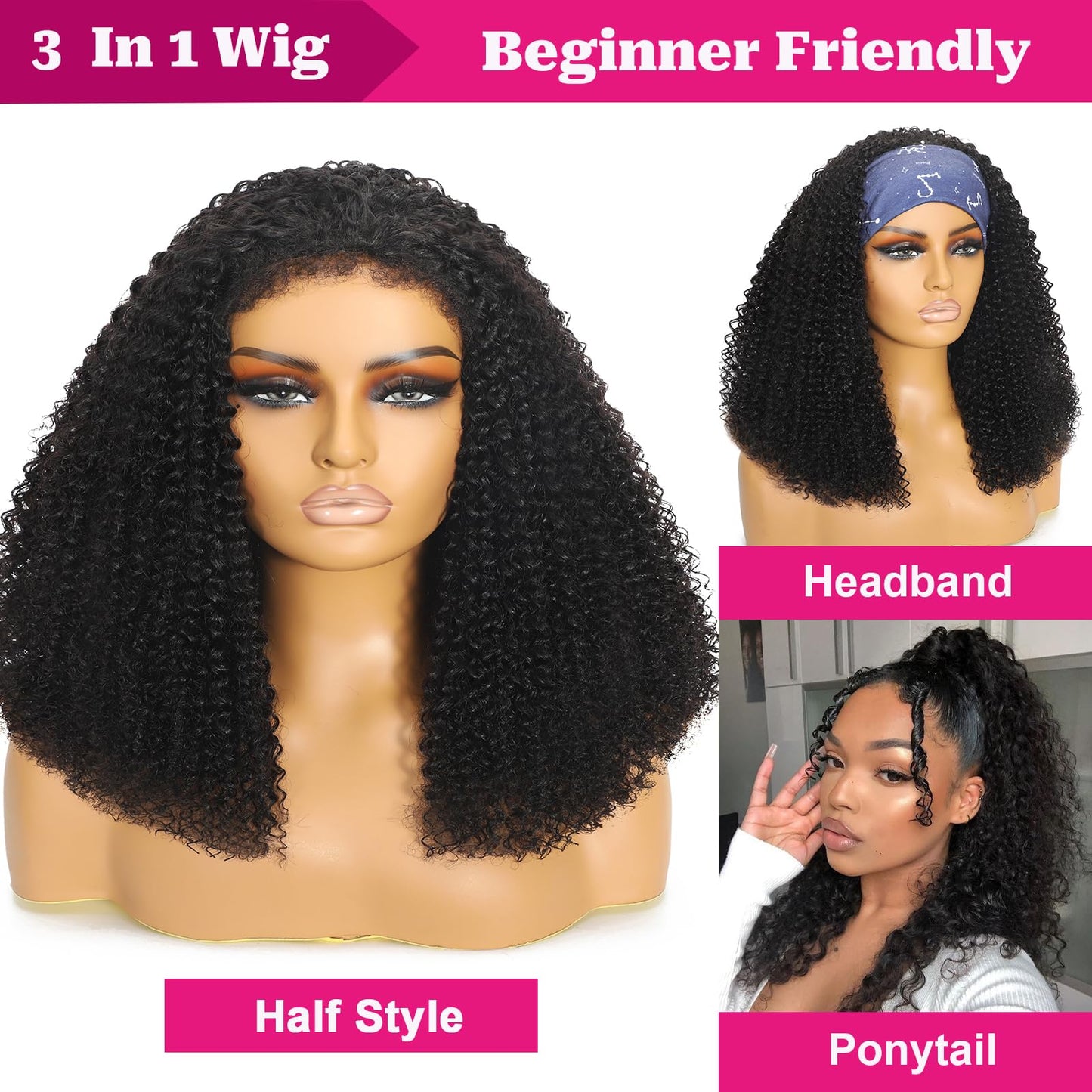 Kinky Curly Half Wig Human Hair 220% Density 3 In 1 True To length Flip Over Curly Edges Drawstring Half Wigs For Black Women Glueless Wear Go Afro Curly Headband Wigs For Beginner Friendly 16 Inch
