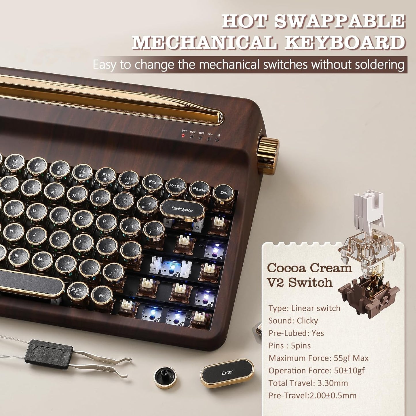 YUNZII QL75 Wireless Typewriter Hot Swap Retro Mechanical Keyboard,Punk Round Keycaps,RGB Backlit QMK/VIA Programmable, Multi-Device Keyboard with 2.4GHz/Type-C/BT5.0 (Wood, Cocoa Cream V2 Switch)