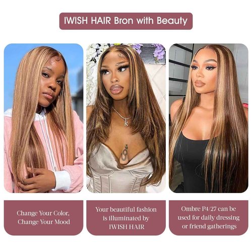 IWISH Ombre Lace Front Wig Human Hair 20 Inches 200% Density 13x6 Straight Highlight Lace Frontal Human Hair Wigs P4/27 Colored Wigs for Women