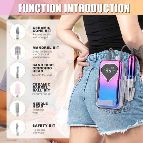 Professional Electric Nail Drill Machine for Acrylic Nails, 35000 RPM Electric Nail File Tool Set, Portable E-File Rechargeable Manicure Pedicure Polish Kit for Home Salon Tech (Heart Sunset Blue)