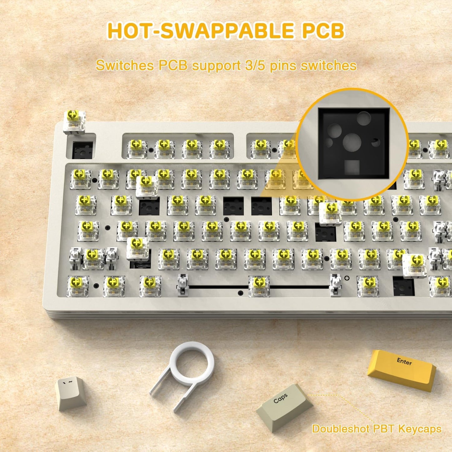 AKC087 Wireless Mechanical Keyboard, 87 Keys Compact TKL Gaming Keyboard, BT5.0/2.4G/Wired 75% Keyboard, RGB Hot Swappable Mechanical Keyboard OEM Profile Yellow Switch for Windows Mac Laptop