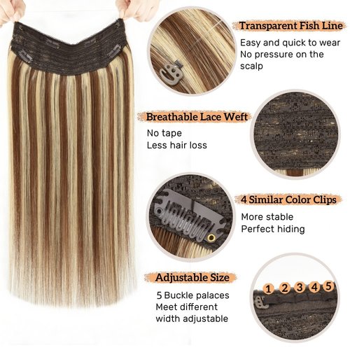 Invisible Wire Extensions Clip in Hair Extensions with Fish Line 20inch Wire Hair Extensions Real Human Hair 100g Ombre Highlights Brown to Blonde #4/613