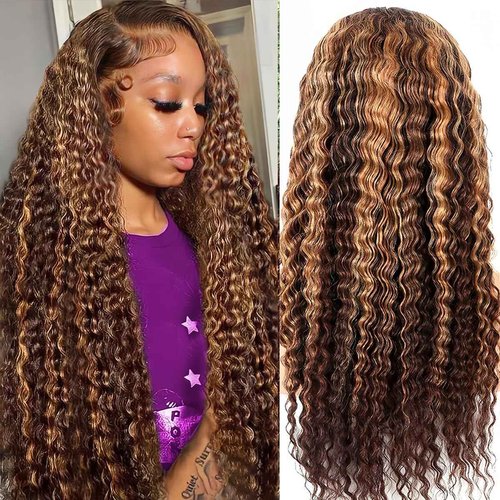 ACIWP Highlight Ombre Lace Front Wig Human Hair Pre Plucked 13x6 HD Honey Blonde 4/27 Deep Wave Lace Frontal Wigs 200% Density Glueless Colored Wigs for Women Wet and Wavy Lace Front 16 Inch