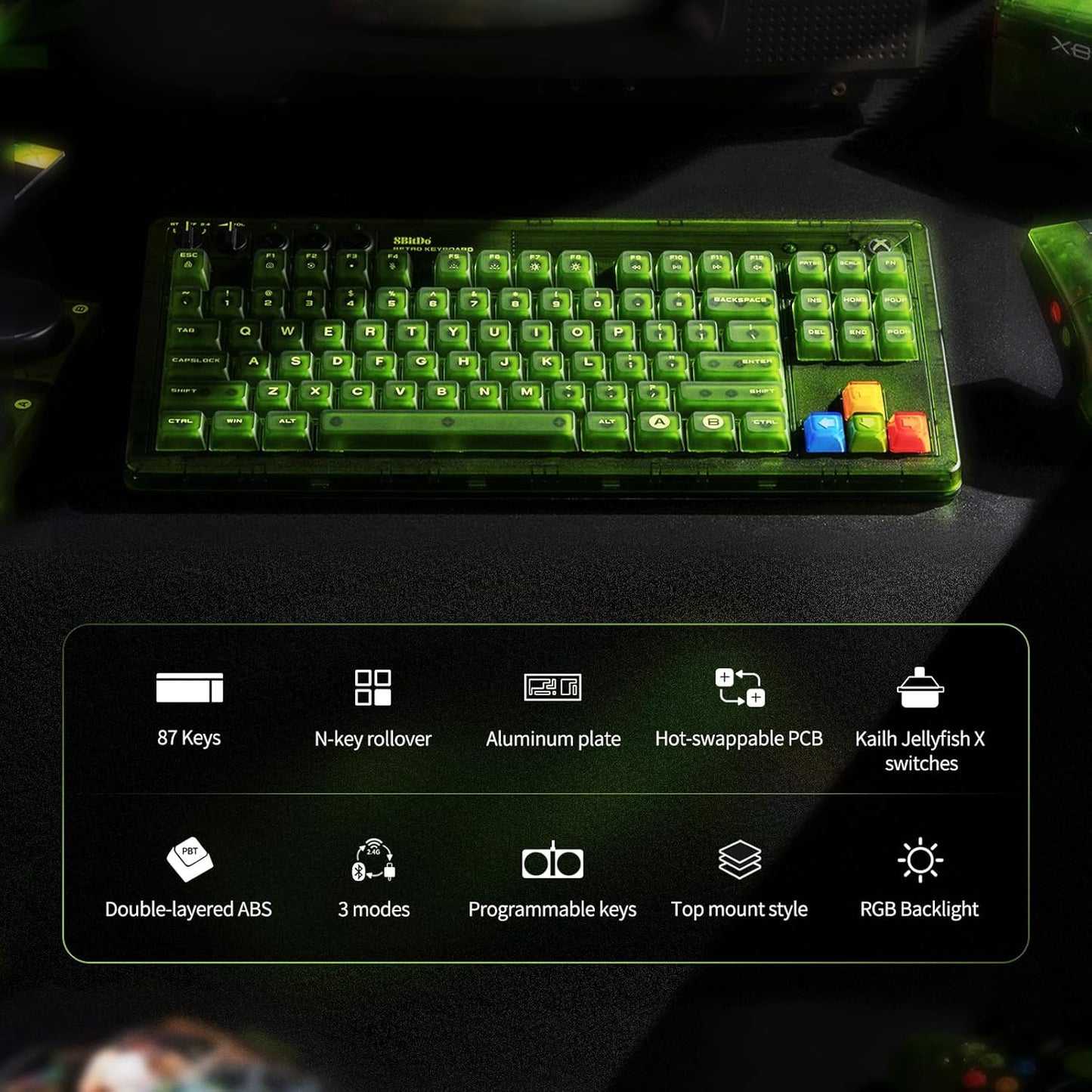 AKNES 8BitDo Retro 108 Mechanical Keyboard, Hot Swappable Gaming Keyboard with 108 Keys&Integrated Numpad, Dual Super Buttons, Bluetooth/2.4G/USB-C Keyboard for Windows & Android - N Edition