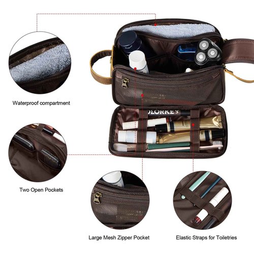 DENGFENGZHE Toiletry Bag for Men, Full Grain Leather Travel Pouch Shaving Dopp Kit Bathroom Toiletries Organizer Bags, Brown