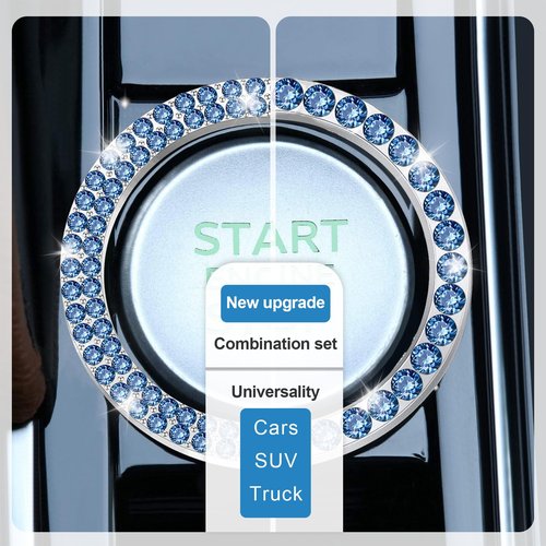 LivTee 2 PCS Crystal Combinatorial Rhinestone Car Engine Start Decoration Ring, Push to Start Button Cover Sticker, Bling Car Interior Accessories for Women, Automotive Decals, Light Blue