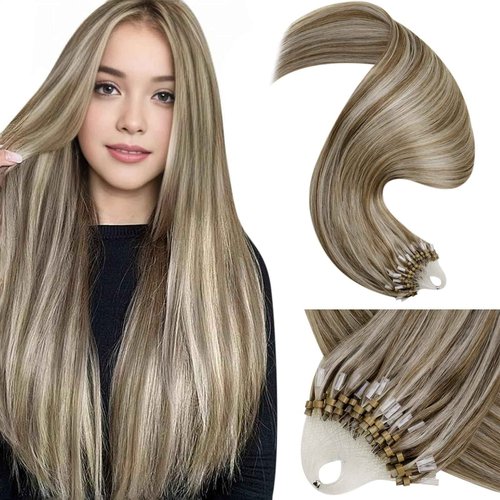 LaaVoo Micro Bead Hair Extensions Real Human Hair Highlight Micro Loop Hair Extensions Light Brown Highlighted with Platinum Blonde 50g 50s 20 Inch