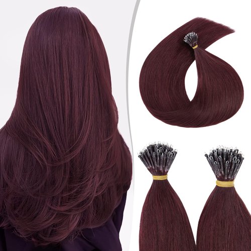 22inch Nano Beads Ring Hair Extensions Human Hair Burgundy Pre Bonded I Tip Keratin Fusion Stick Tipped Hairpiece Iron Loop Link Straight Micro Bead Remy Hair for Women Wine Red #99J 50g 50strands