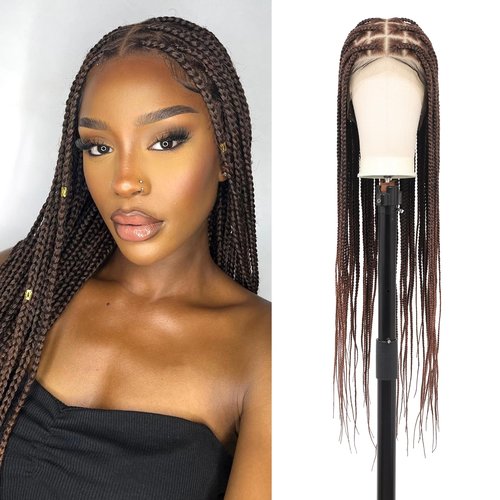 Fecihor 360 HD Full Lace Knotless Braided Wigs with Baby Hair Box Braid Wig for Women Premium Synthetic Brown Braided Lace Front Wigs 36 Inch