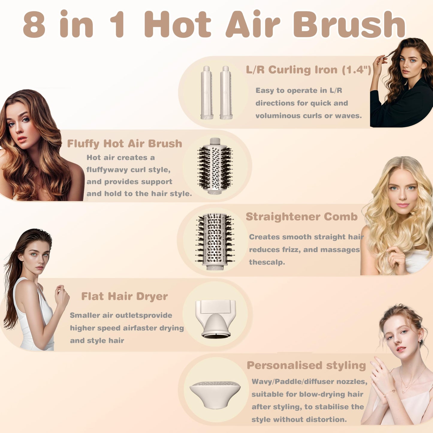 Professional Hair Dryer, Powerful 8 in 1 Hair Blow Dryer with 110,000 RPM High-Speed Negative Ionic Automatic Curling Iron, with Hot Air Brush, Multi-Styler, Magnetic Diffuser, Nozzle for Women