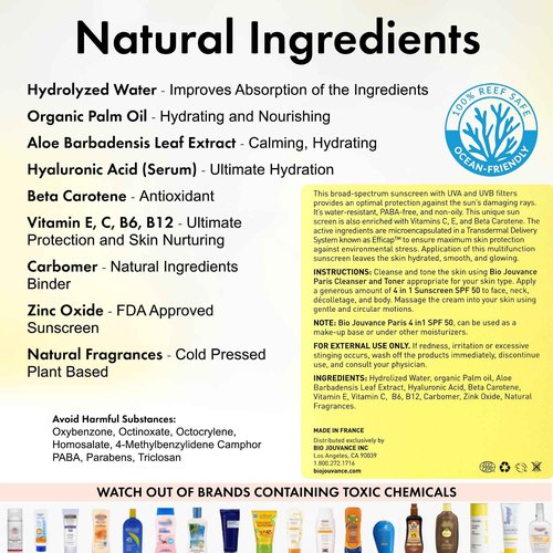 BIO JOUVANCE PARIS - 4 In 1 Sunscreen 2oz(60ml) | SPF50 Sunblock + Moisturizer + Anti-Aging + Antioxidant | Face&Body Sensitive Skin | Made in France