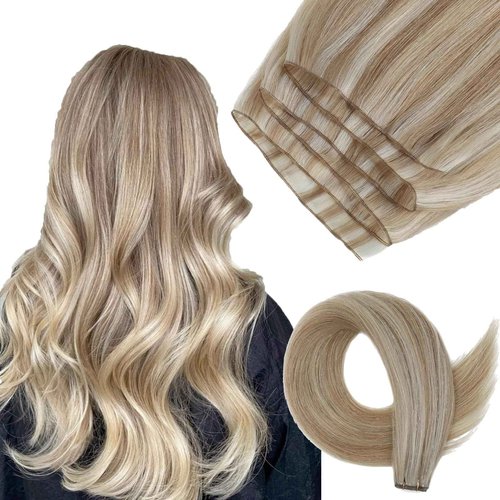 ABH AMAZINGBEAUTY HAIR Genius Weft Hair Extensions Human Hair Sew in Hair Extensions Real Human Hair Weft Extensions Hand Tied Virgin Hair 50G, #P8/60 Ash Brown Highlighted Platinum Blonde 20 Inch