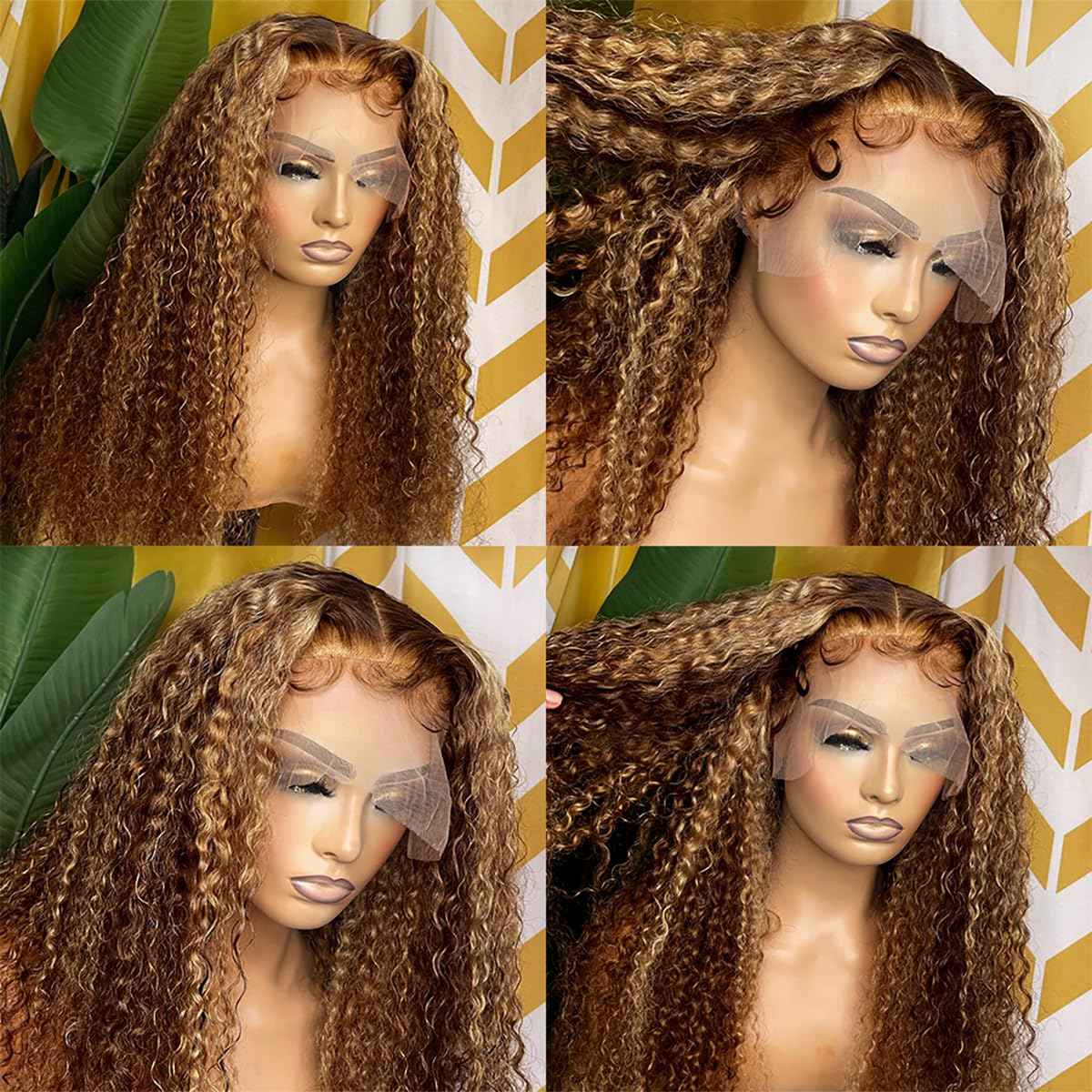 Highlight Lace Front Wig Human Hair 13x6 Deep Wave Wig Brazilian Ombre Honey Blonde Color Wig Human Hair Pre Plucked with Baby Hair Wet and Wavy Deep Curly Wigs for Black Women 180% Density (24 Inch)