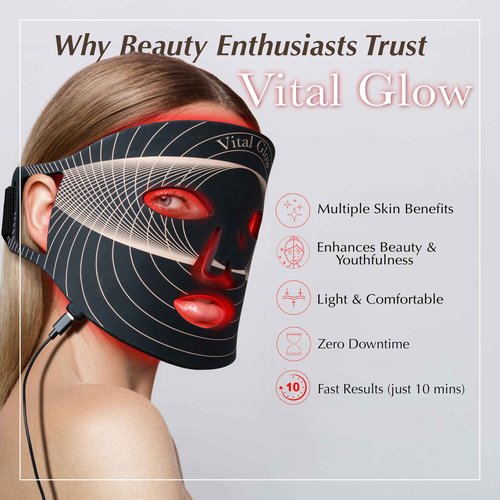 Vital Glow Red Light Therapy Mask, LED light Therapy for Face + Jade Roller & Gua Sha, At-Home Skincare Beauty Treatment, For Home, Portable & Rechargeable