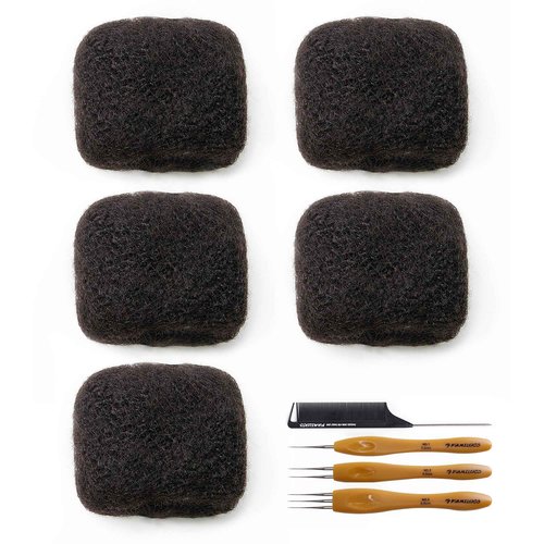 FAMILOCS Afro Bulk Human Hair 10 Inch 5 Packs 150g Afro Curly Hair Bulk for Making Locs, Repair Dreadlocks, Twist Braiding, #1B Natural Black Color Can be Dyed and Bleached, with Crochet Hook and Comb