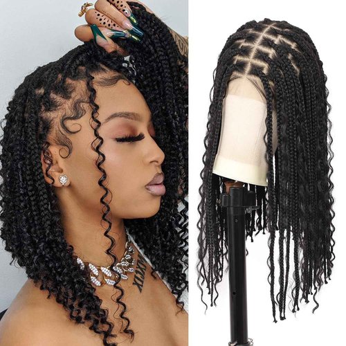 Fecihor 18" 13x8 Inch HD Lace Front Boho Box Braided Wigs Short Knotless Braid Wig for Women Full Braided Lace Front Wig With Baby Hair Balck Natural Color