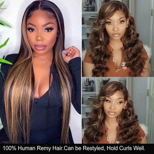 UNice Brown Blonde Straight Human Hair Weave 3 Bundles, Brazilian 100% Virgin Unprocessed Remy Hair Ombre Highlight Color Hair Extensions 100g/pc (10 12 14)