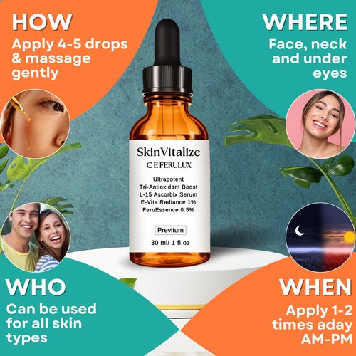 SkinVitalize CE Ferulux Vitamin C Serum - 30ml: Advanced CE Formula to Fight with Wrinkles, Fine Lines, Uneven Skin Tone, Dark Spot Correction Perfect for Skin Care Routine, Anti Aging Face Serum