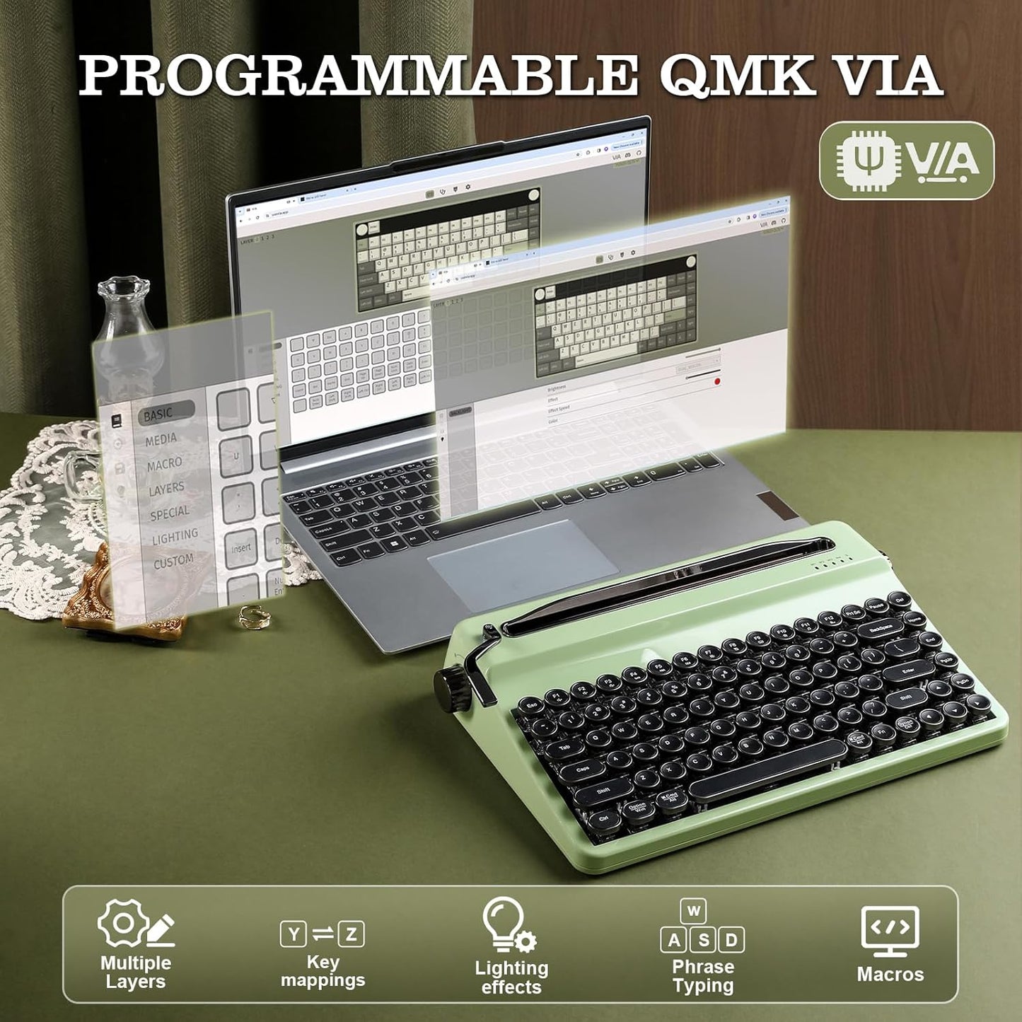 YUNZII QL75 Wireless Typewriter Hot Swap Retro Mechanical Keyboard,Punk Round Keycaps,RGB Backlit QMK/VIA Programmable,Multi-Device Keyboard with 2.4GHz/Type-C/BT5.0 (Pink, Onyx Switch)