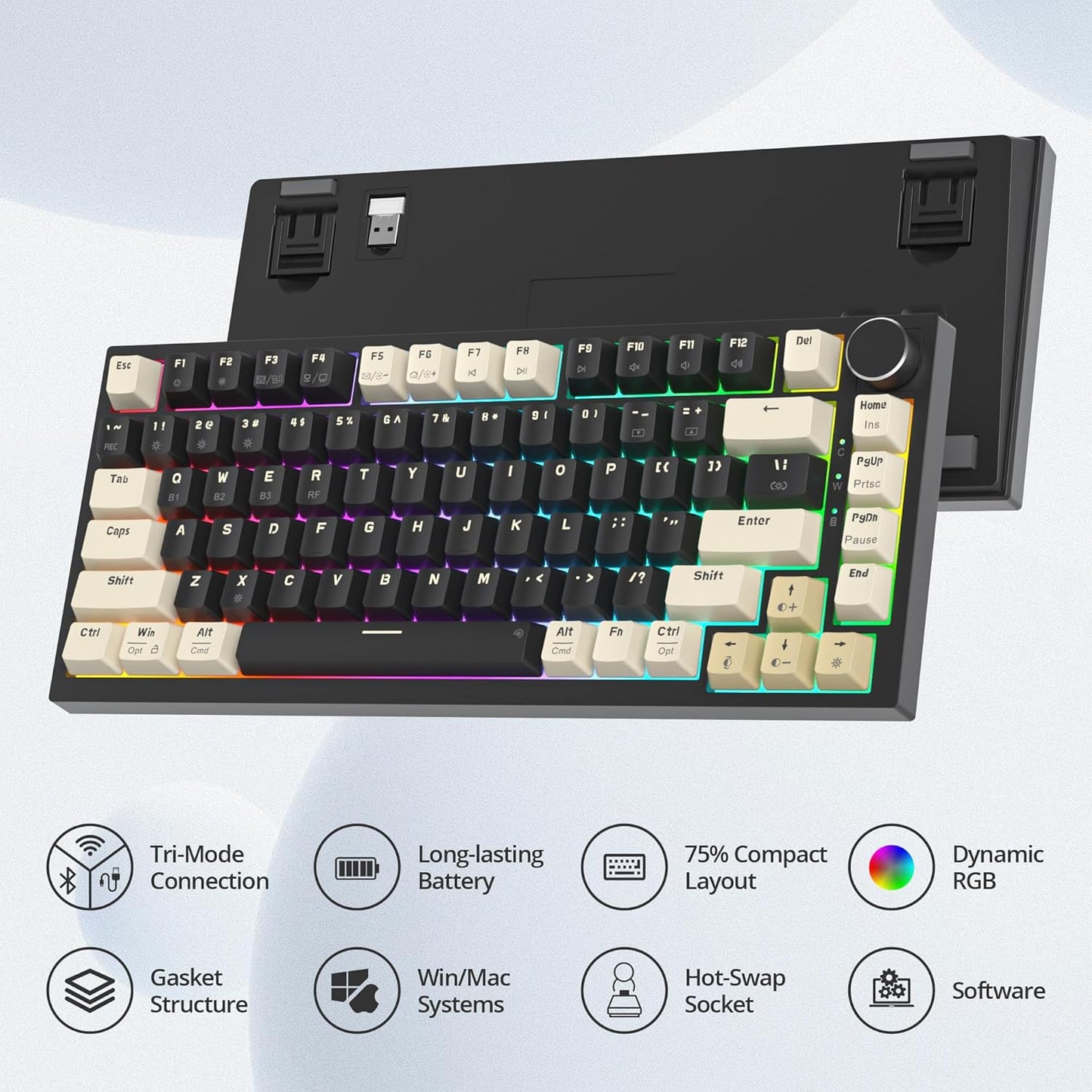 400PRO 75% Wireless Creamy Mechanical Keyboard Pink, Gasket Hot Swappable RGB Gaming Keyboard, Bluetooth/2.4GHz/USB-C Cute Keyboard with Pre-lubed Cream Grey Switches (82 Pink Cyan)