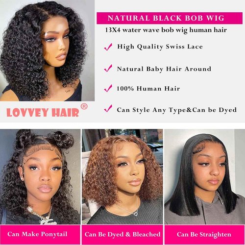 Short Curly Bob Wig Human Hair 13x4 Water Wave Bob Wigs 200 Density HD Transparent Lace Frontal Wigs Deep Wave Curly Bob Wig Hair 14 Inch