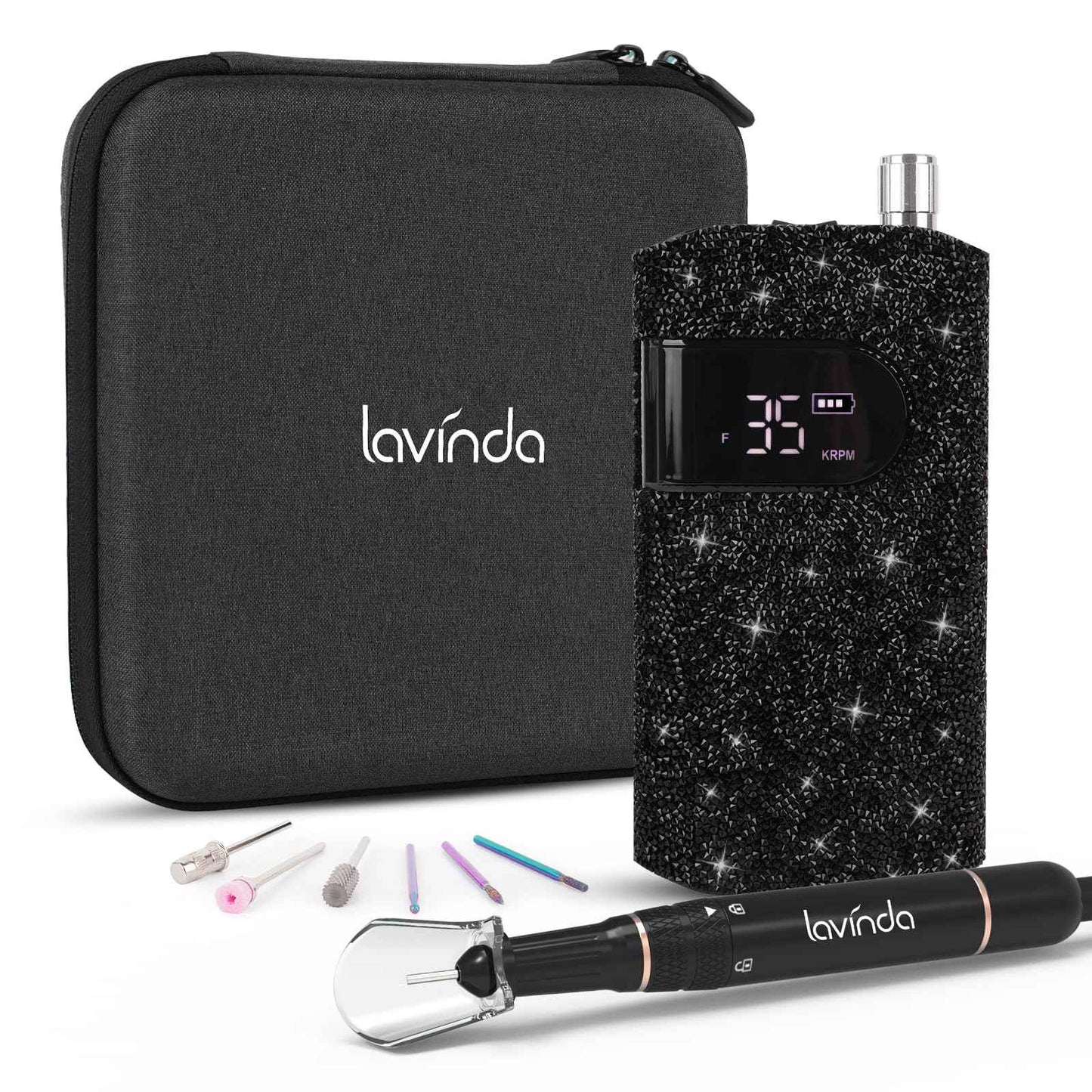 Lavinda Professional Electric Nail Drill Kit, 35000RPM Cordless Portable Machine for Acrylic Gel Nails, Rechargeable E File With Black Rhinestones, Manicure Tools (Black)