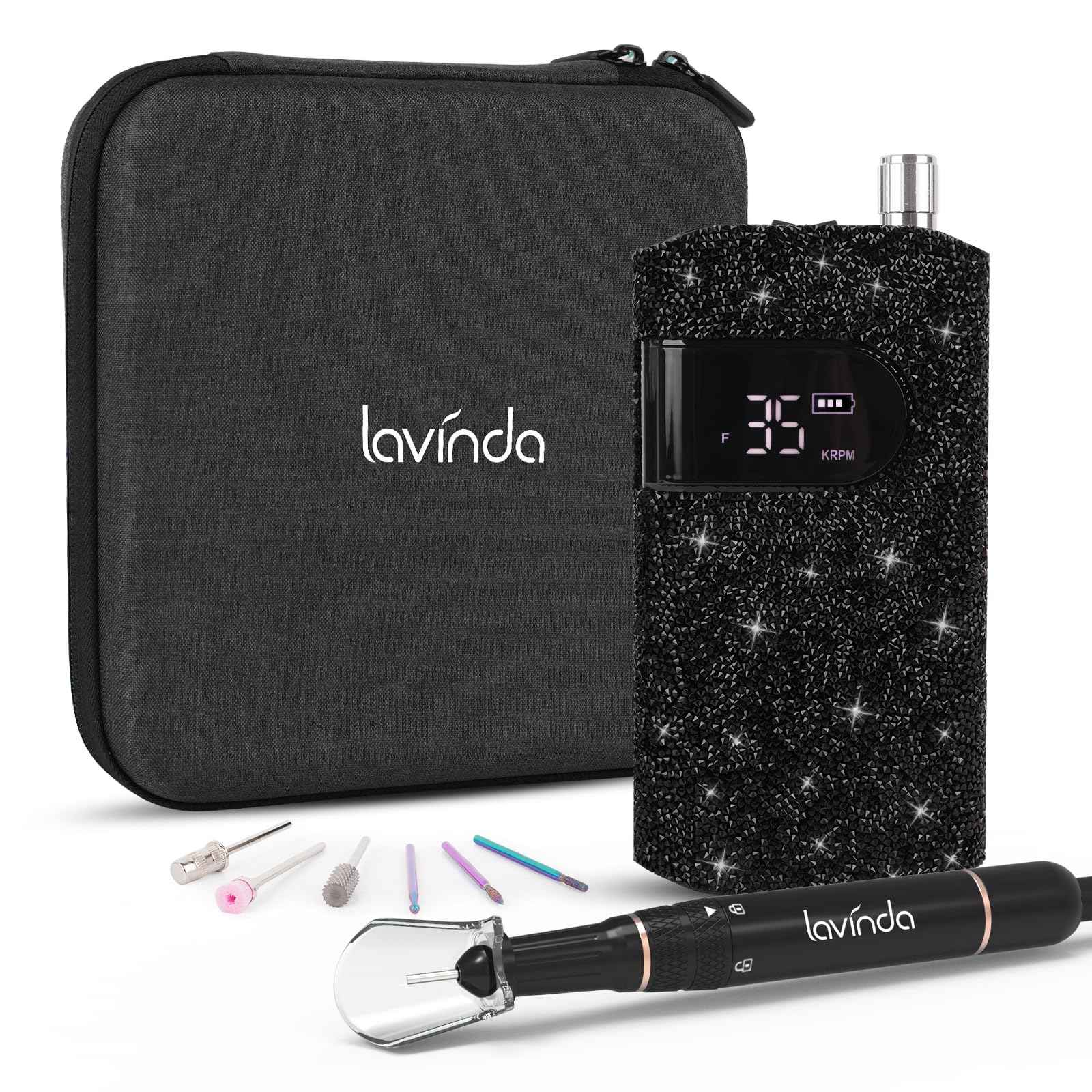Lavinda Professional Electric Nail Drill Kit, 35000RPM Cordless Portable Machine for Acrylic Gel Nails, Rechargeable E File With Black Rhinestones, Manicure Tools (Black)