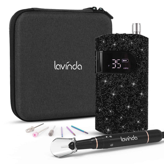 Lavinda Professional Electric Nail Drill Kit, 35000RPM Cordless Portable Machine for Acrylic Gel Nails, Rechargeable E File With Black Rhinestones, Manicure Tools (Black)