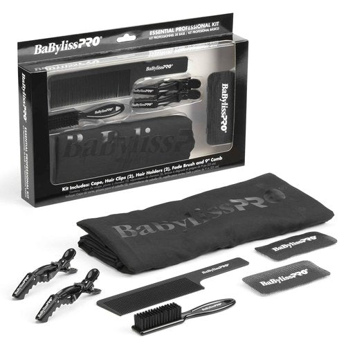 BaBylissPro Essential Professional Kit - barber cape, comb, fade brush, hair clips, and hair holders