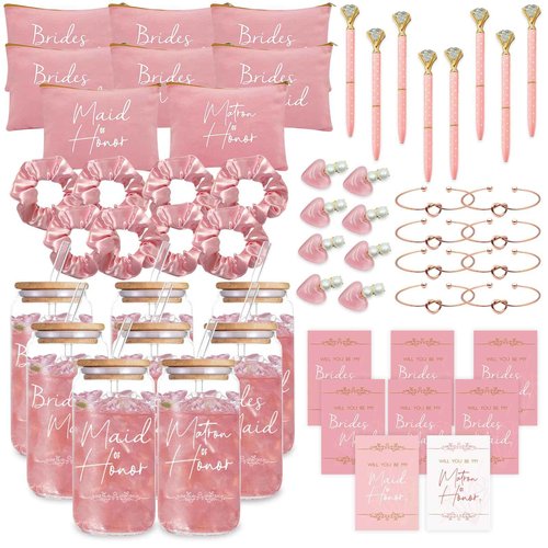 KIKINIKO 56 pcs Bridesmaid Gift Set, Pink: 16oz Glass Cups, Makeup Bags, Invitation Cards, Scrunchies, Hair Bracelets, Diamond Pens, Love Clips - Perfect for Bridesmaids or Special Occasions