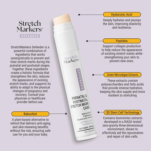 StretchMarkers Pregnancy Defender – Stretch Mark Cream for Pregnancy, Visibly Reduces & Treats with Bakuchiol, Hyaluronic Acid, Bioactive Peptides & 3D Stem Cell Technology, Retinol-Free, 1 fl oz
