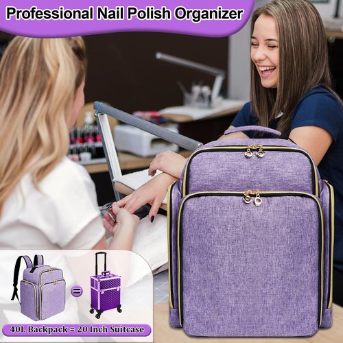 ahzske Nail Polish Organizer Backpack Holds 126 Bottles& Nail Lamp, Extra Large Nail Kit Supplies Organizer Bag with 3 Removable Cases, Portable Nail Organizers and Storage for Travel (Noble Purple)