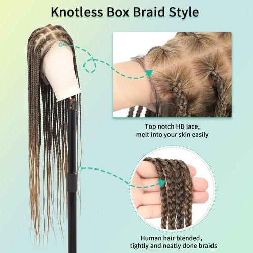 Fecihor 360° HD Full Lace Knotless Braided Wigs for Women Box Braid Wig with Baby Hair Premium Synthetic Light Brown Braided Lace Front Wigs 36 Inch