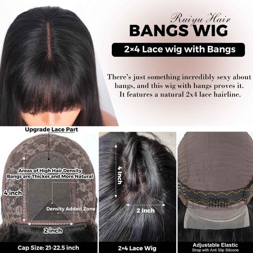 Ruiyu Straight Human Hair Wigs with Bangs 180% Density 2x4 Lace Front Wigs with Bangs Closure Wear and Go Glueless Wigs 100% Brazilian Virgin Human Hair Wigs for Women 16 Inch