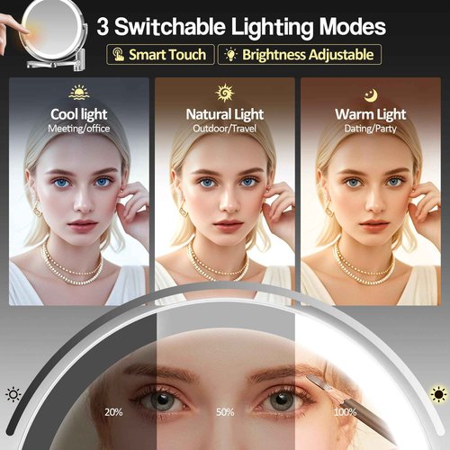 MOMOKUBA Wall Mounted Makeup Mirror, Magnifying Mirror with Light 20X/1X Double-Sided, Height Adjustable, 3 Lighted Modes, Aluminum Alloy Small Wall Mirror, Moisture & Corrosion Resistant Bathroom Use