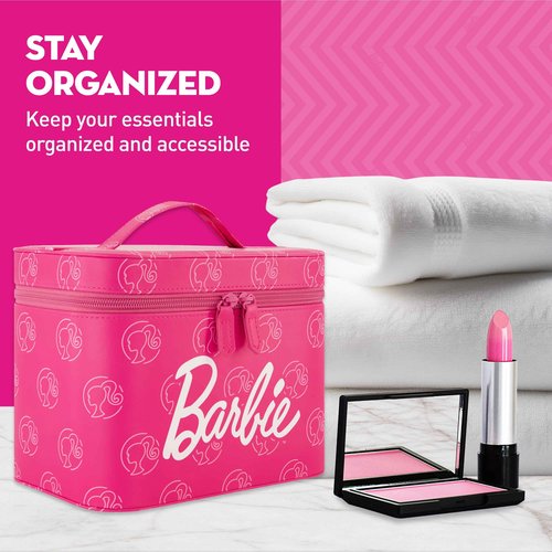 Barbie Large Women's Makeup Bag, Two Zipper Travel Cosmetic Zipper Pouch Organizer with Logo, Pink