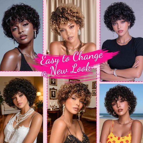 PEACOCO Short Curly Bob Wig Human Hair Afro Kinky Curly Human Hair Wigs for Black Women 8 Inch Short Curly Wig with Bangs Glueless, 1B