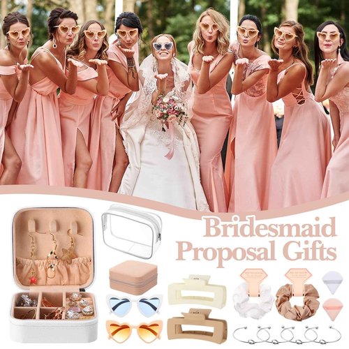 FoldTier 56 Pcs Bridesmaid Proposal Gifts Maid Gifts Clear Cosmetic Bags Jewelry Storage Boxes Hair Clip Hair Scrunchies Heart Shaped Sunglasses Bracelet Powder Puffs for Wedding(Champagne)