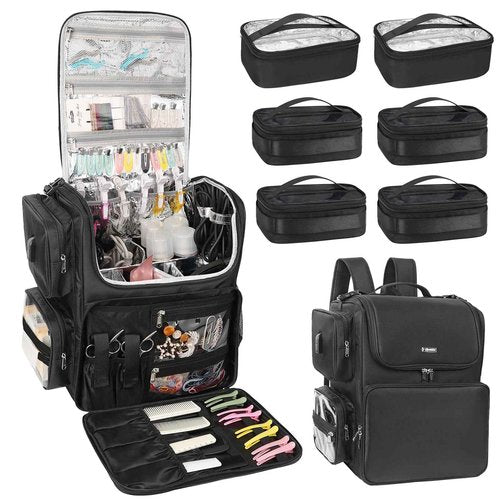 Relavel Hair Tools Travel Bag with 6 Pcs Clear Bags, Hair Stylist Backpack Hairdresser Cosmetology Bag, Heat Insulation Full Layer for Curling Iron, Hair Straightener, Travel Accessories Train Case