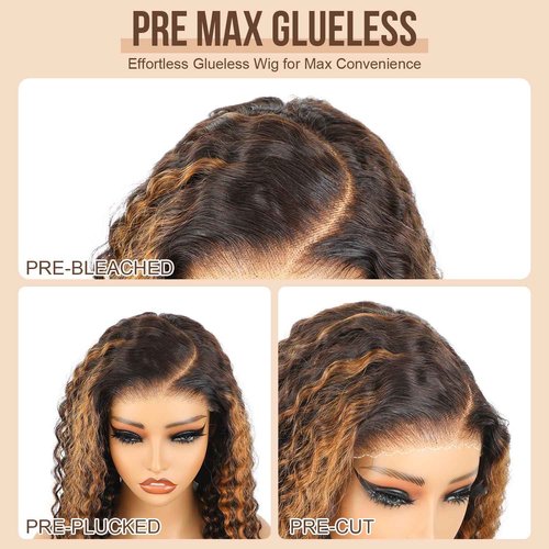 BLY Highlight Wear and Go Glueless Wig Water Wave Human Hair Wigs for Women 16 Inch 5x7 HD Lace Pre Cut Pre Plucked 2/30 Ombre Brown Colored Deep Wave Lace Front Wig 180% Density