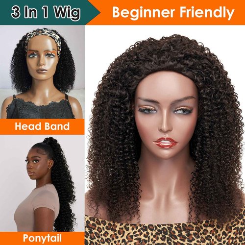 CabeDuck 20 Inch Kinky Curly Half Wig Human Hair 210% Density Wear then Go Glueless Wigs Human Hair Curly 3 In 1 Half Wigs for Women Drawstring Headband Wig Beginner Friendly Second Generation