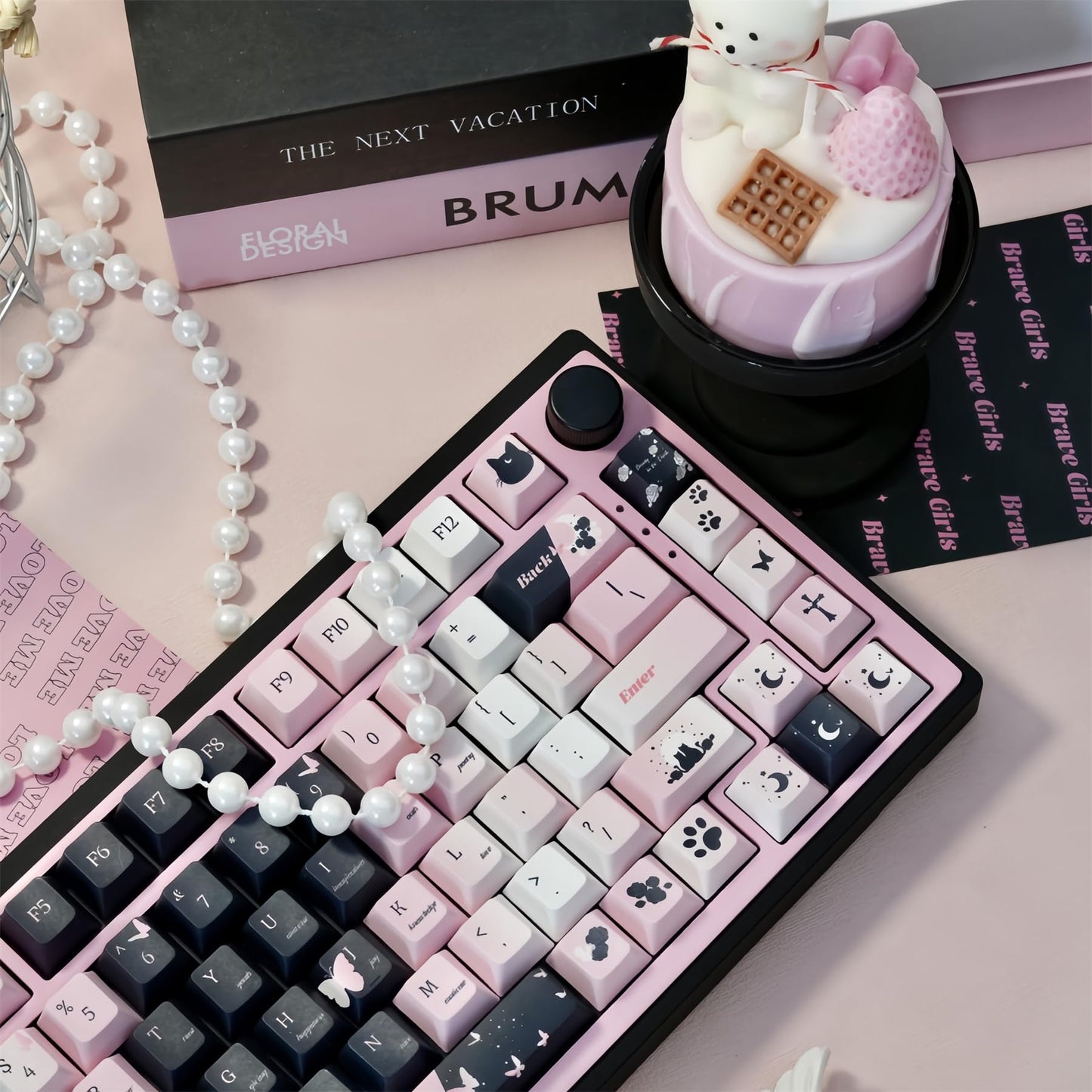 ZMX GMK104 Full Size Mechanical Keyboard Kit with Black & Pink Cute Cat Keycaps Set