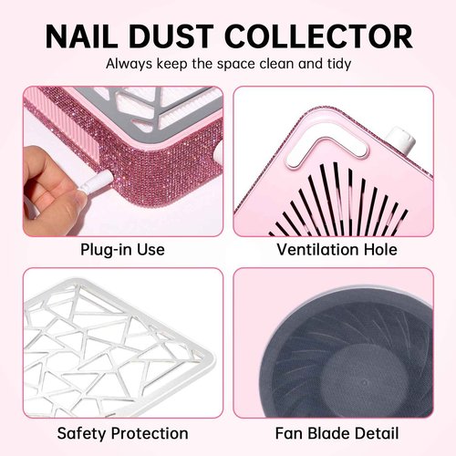 CHRISTINE SHELLY Nail Dust Collector, Powerful Vacuum Fan Vent Dust Collector Extractor Dust Suction Machine for Acrylic Nails Polishing, Nail Salon&Home, Pink Diamond