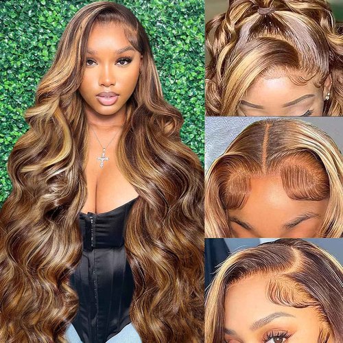 GAOYIFU Ombre Lace Front Wig Human Hair Highlight 13x6 HD Body Wave Lace Front Wigs Human Hair Pre Plucked Honey Blonde 180 Density 4/27 Frontal Glueless Highlighted Wig for Black Women 28 Inch